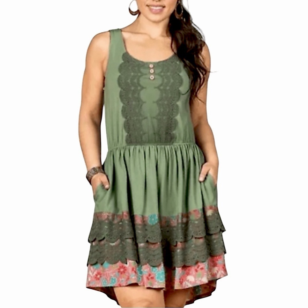MATILDA JANE SAGE GREEN BOHEMIAN FLORAL LACE SLEEVELESS DRESS SZ SM EUC